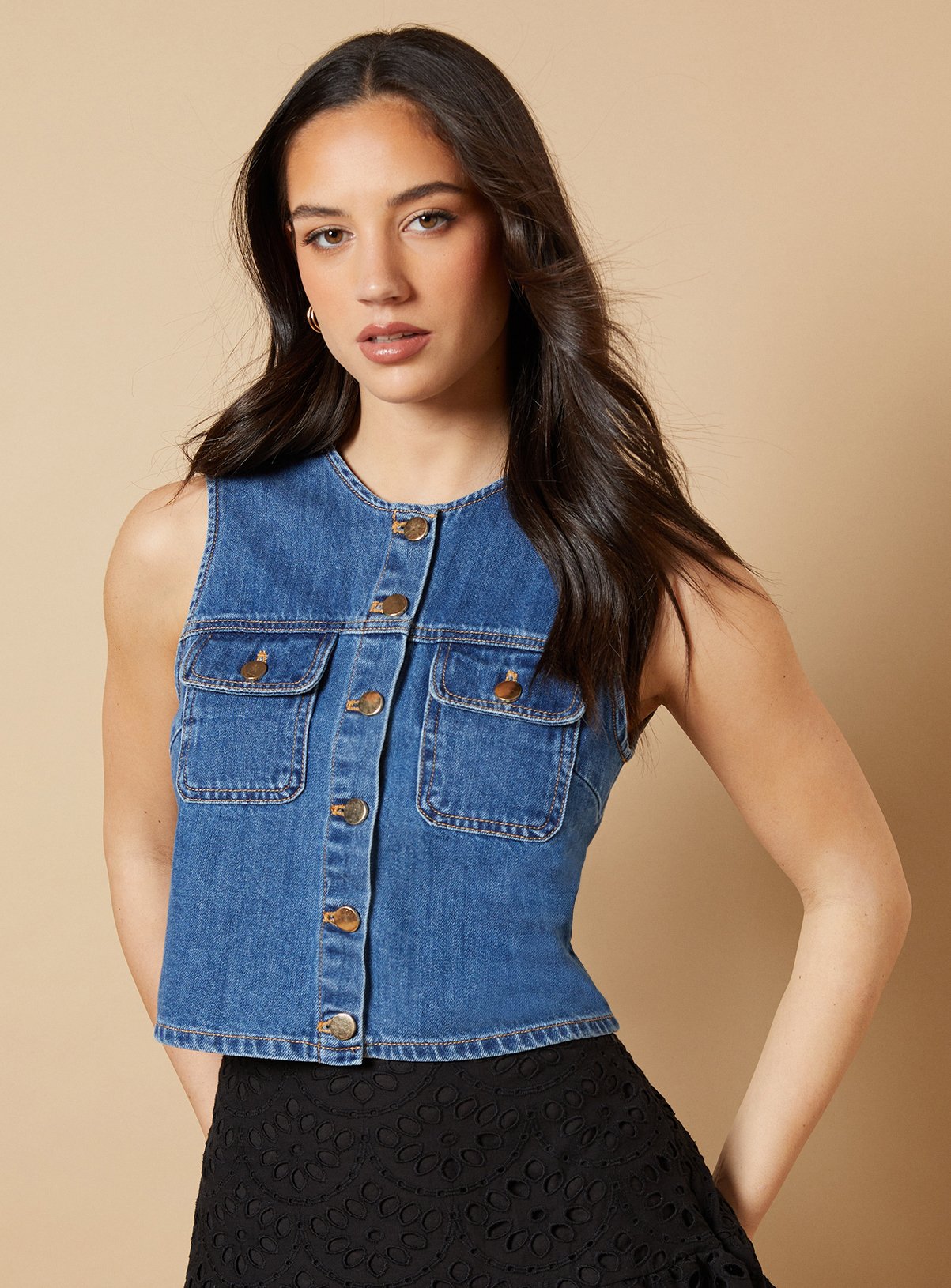 OASIS Denim Waistcoat With Patch Pockets 12 - Image 1 thumbnail